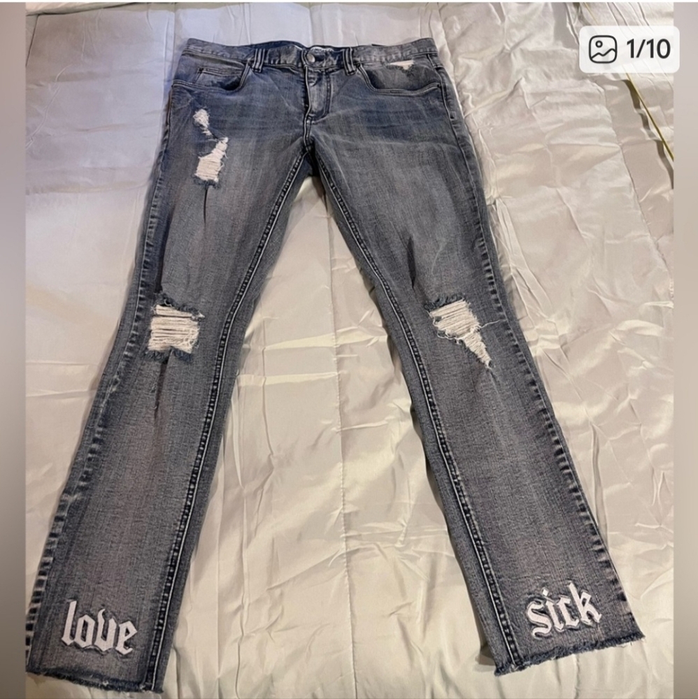 ISO LOVE SICK Distressed Gray Jeans with Embroidered Details
